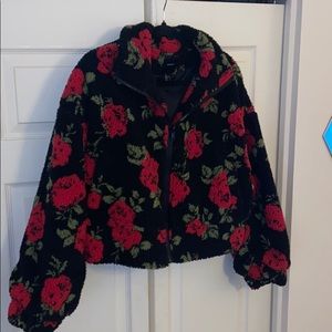Rose print cropped teddy jacket